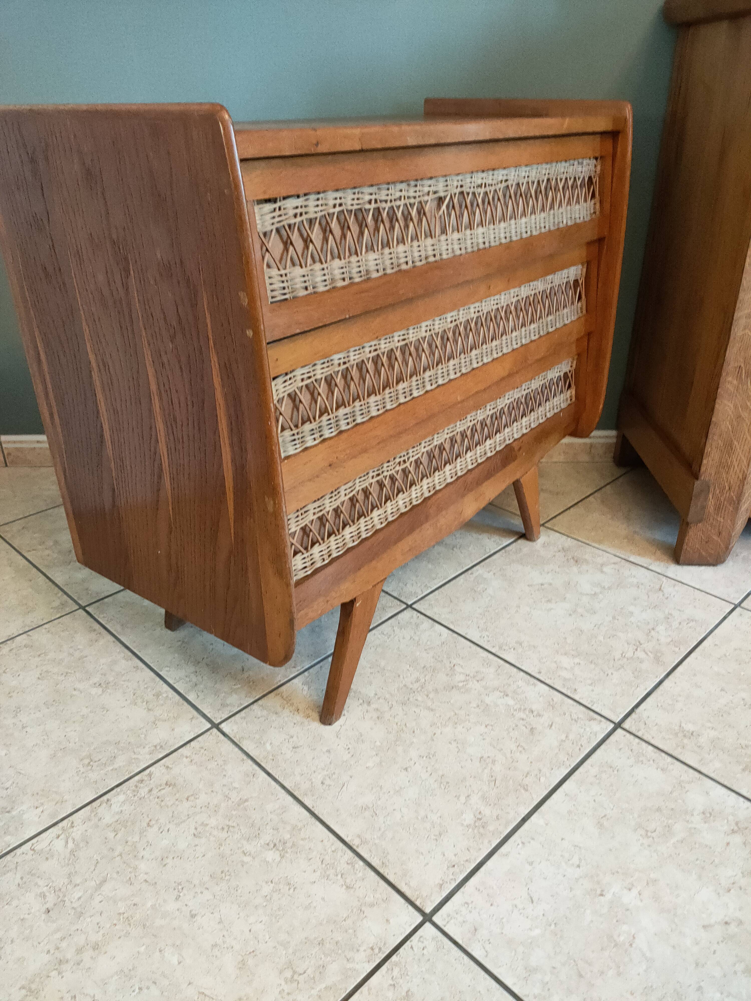 Vintage rattan and oak chest of drawers from the 1960s