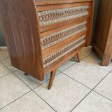 Vintage rattan and oak chest of drawers from the 1960s