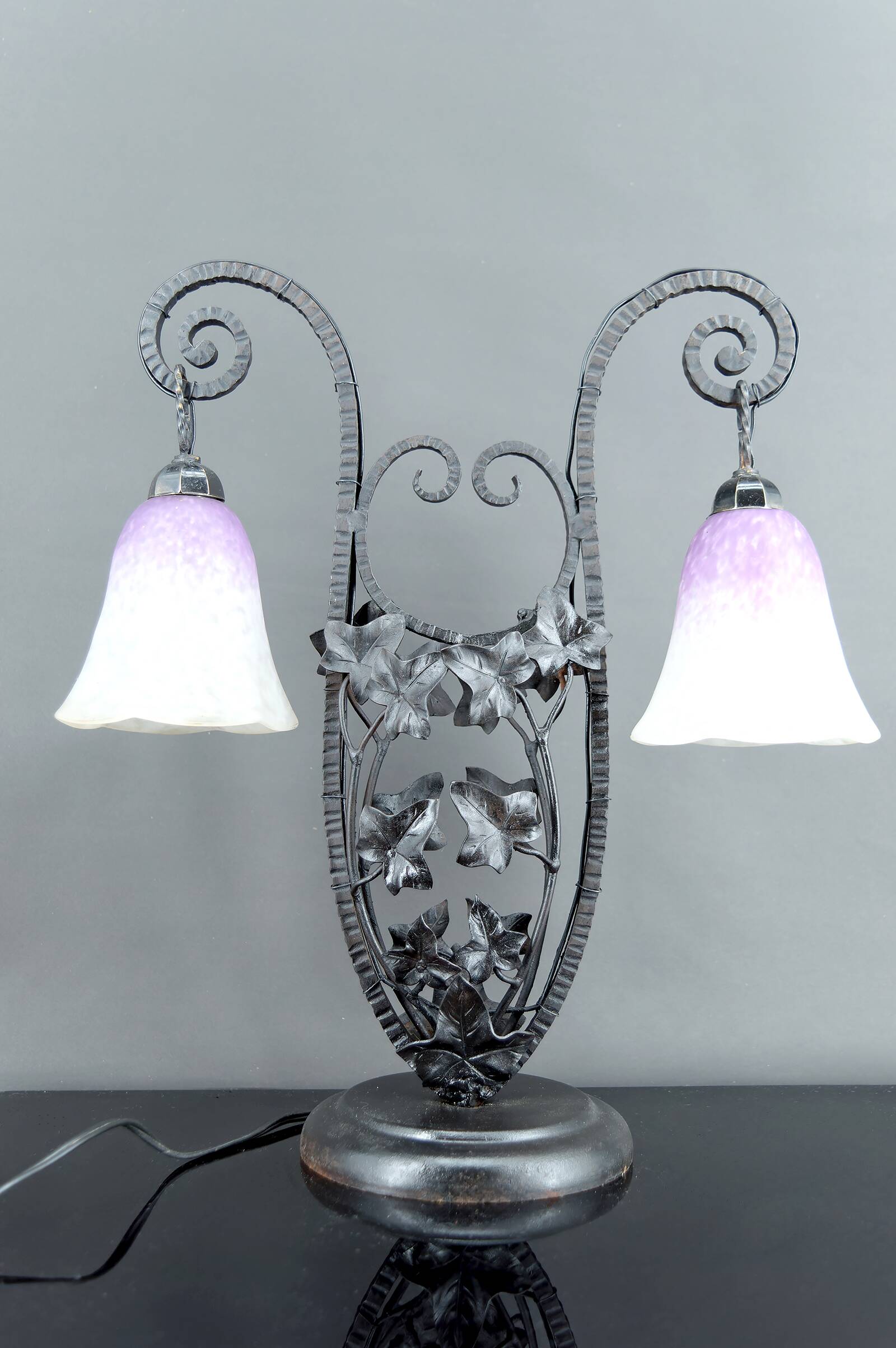 Important Wrought Iron Double-Headed Lamp by Schneider, Art Deco, c. 1920