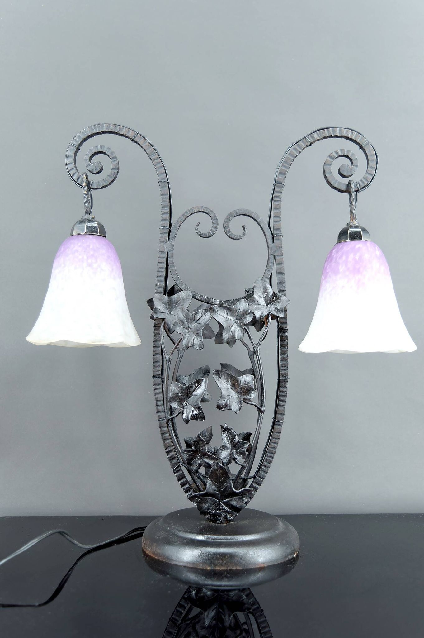 Important Wrought Iron Double-Headed Lamp by Schneider, Art Deco, c. 1920