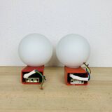 Pair of red Inda space age wall lights, opaline globe, 1970