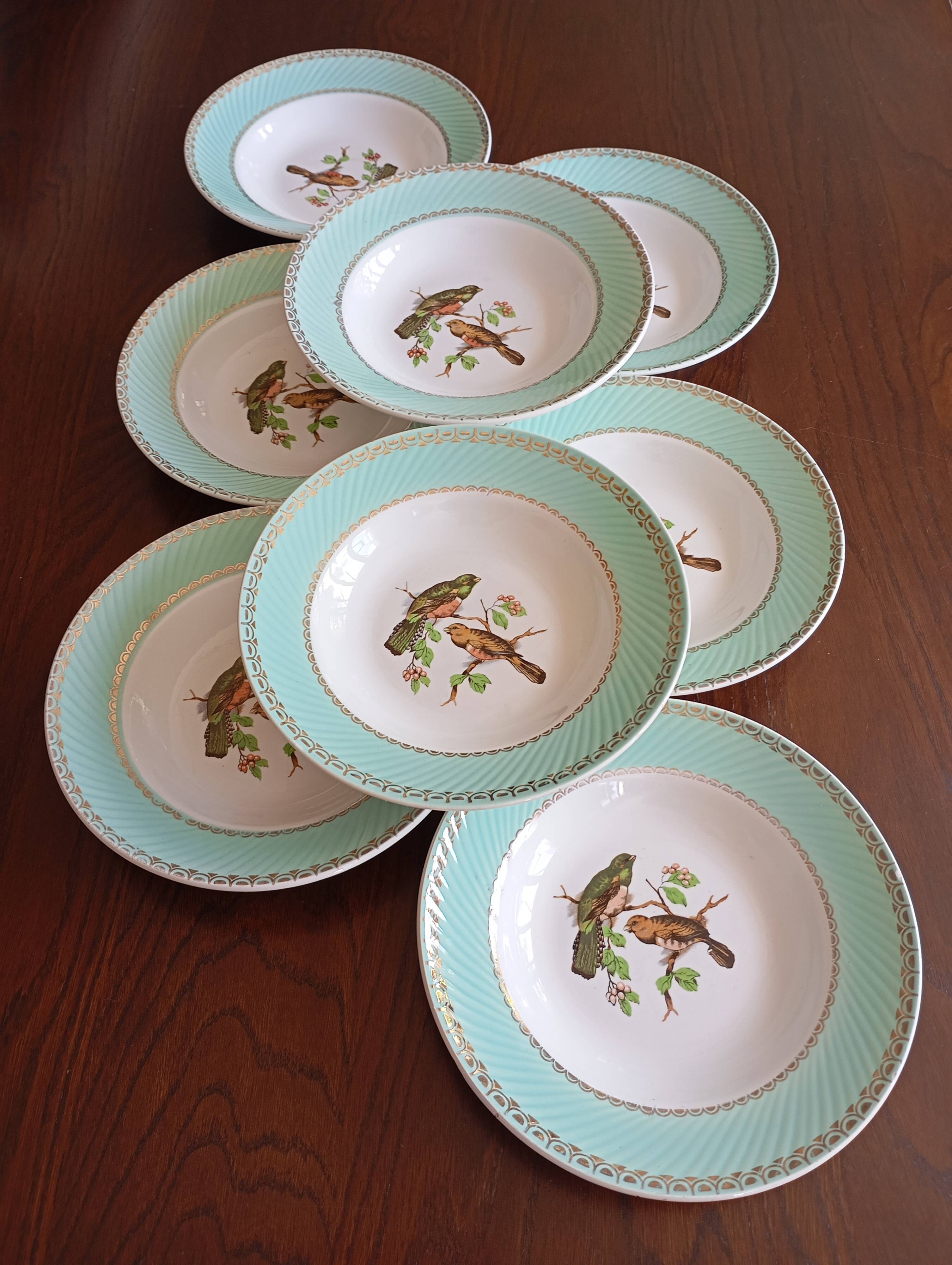 8 soup plates Fenal Badonviller "Birds" vintage 1950s