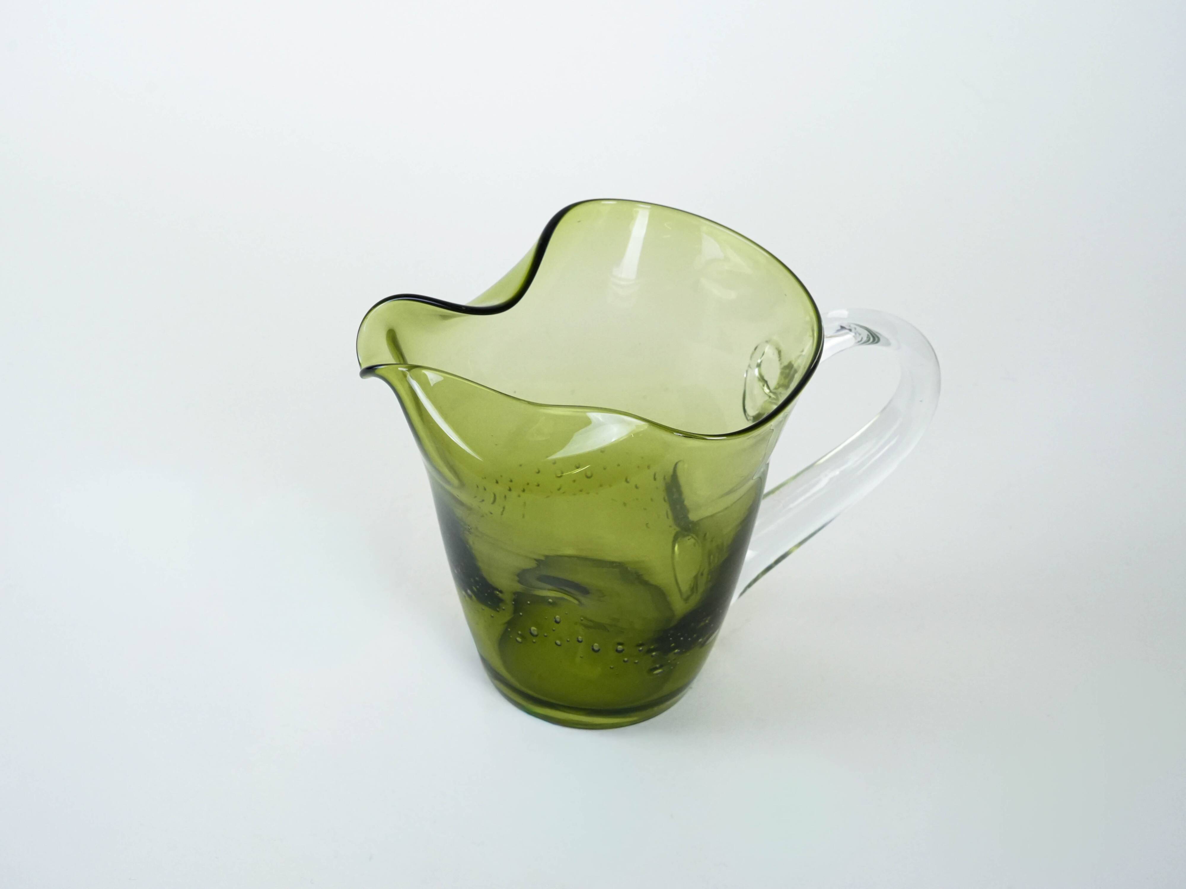Olive green glass jug, Italian design, 1960s, made in Italy