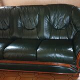 Sofa 3 seater green leather & wood