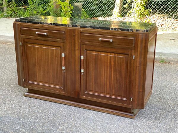 Buffet parisien art déco vintage en bois massif et marbre noir 180cm