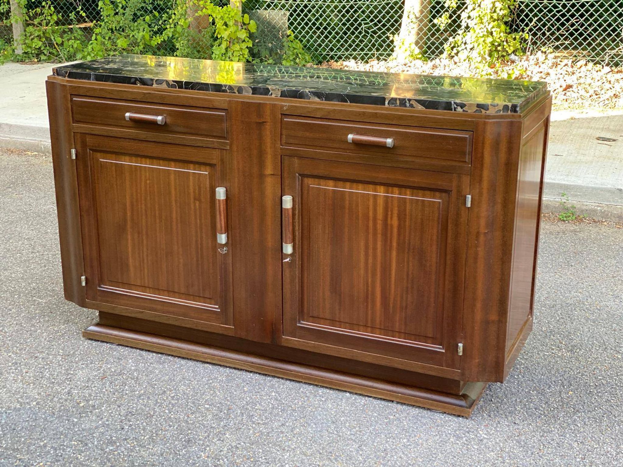 Vintage Parisian art deco sideboard in solid wood and black marble 180cm