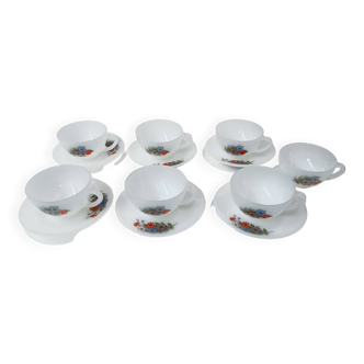 7 Arcopal cups and 6 flower motif saucers
