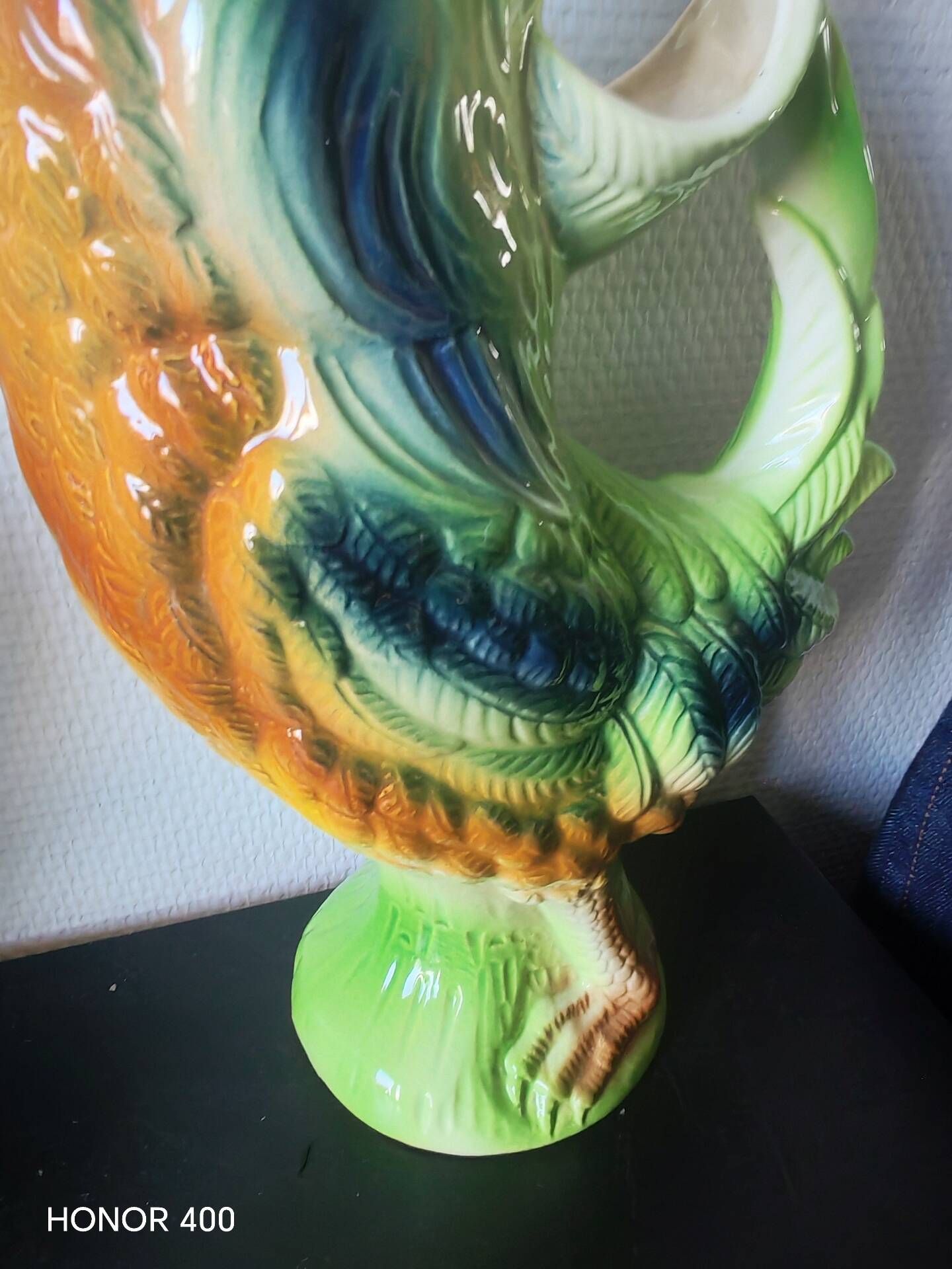 Pair of duck and rooster jugs in St Clément barbotine vintage