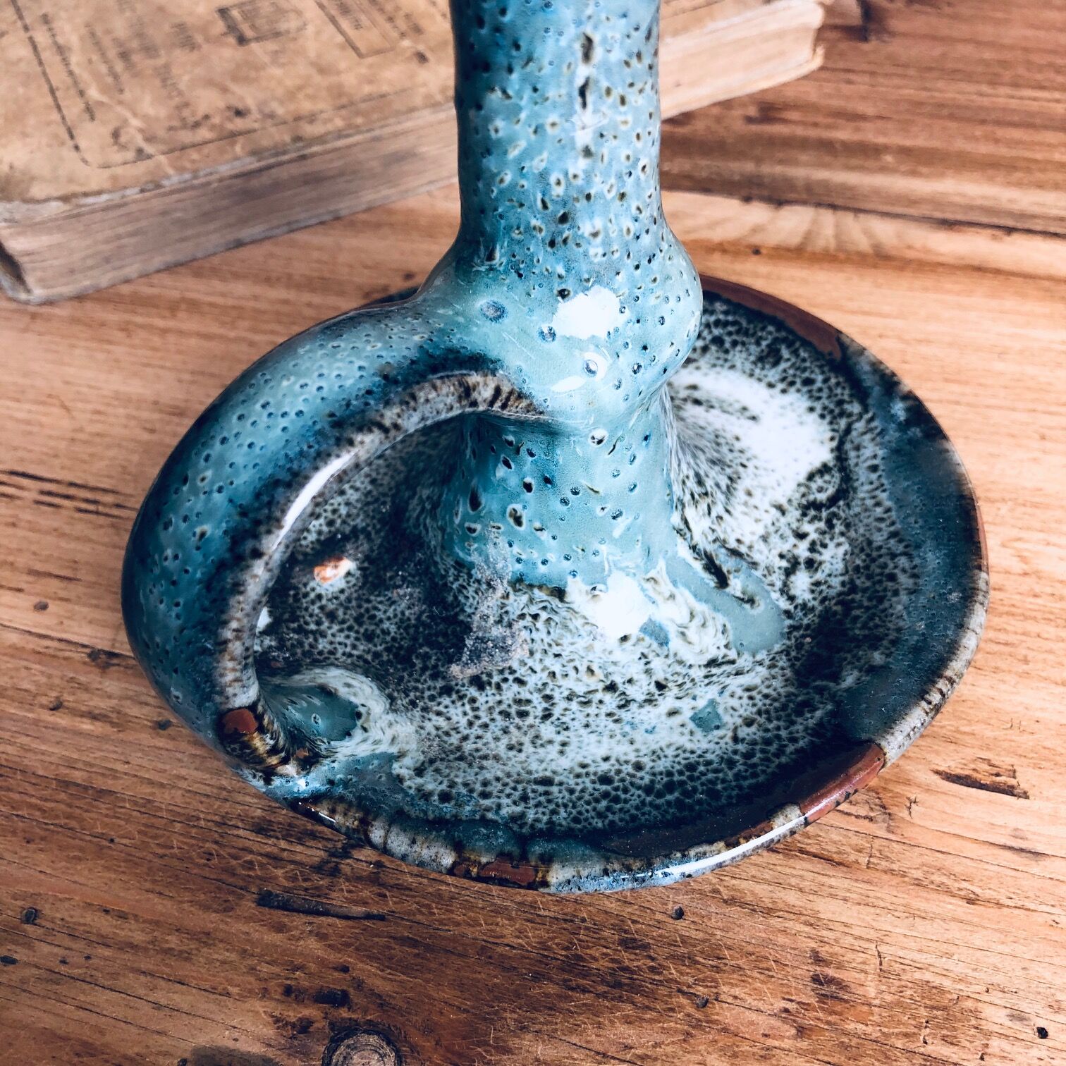 Blue glazed varnished sandstone cellar rat candlestick