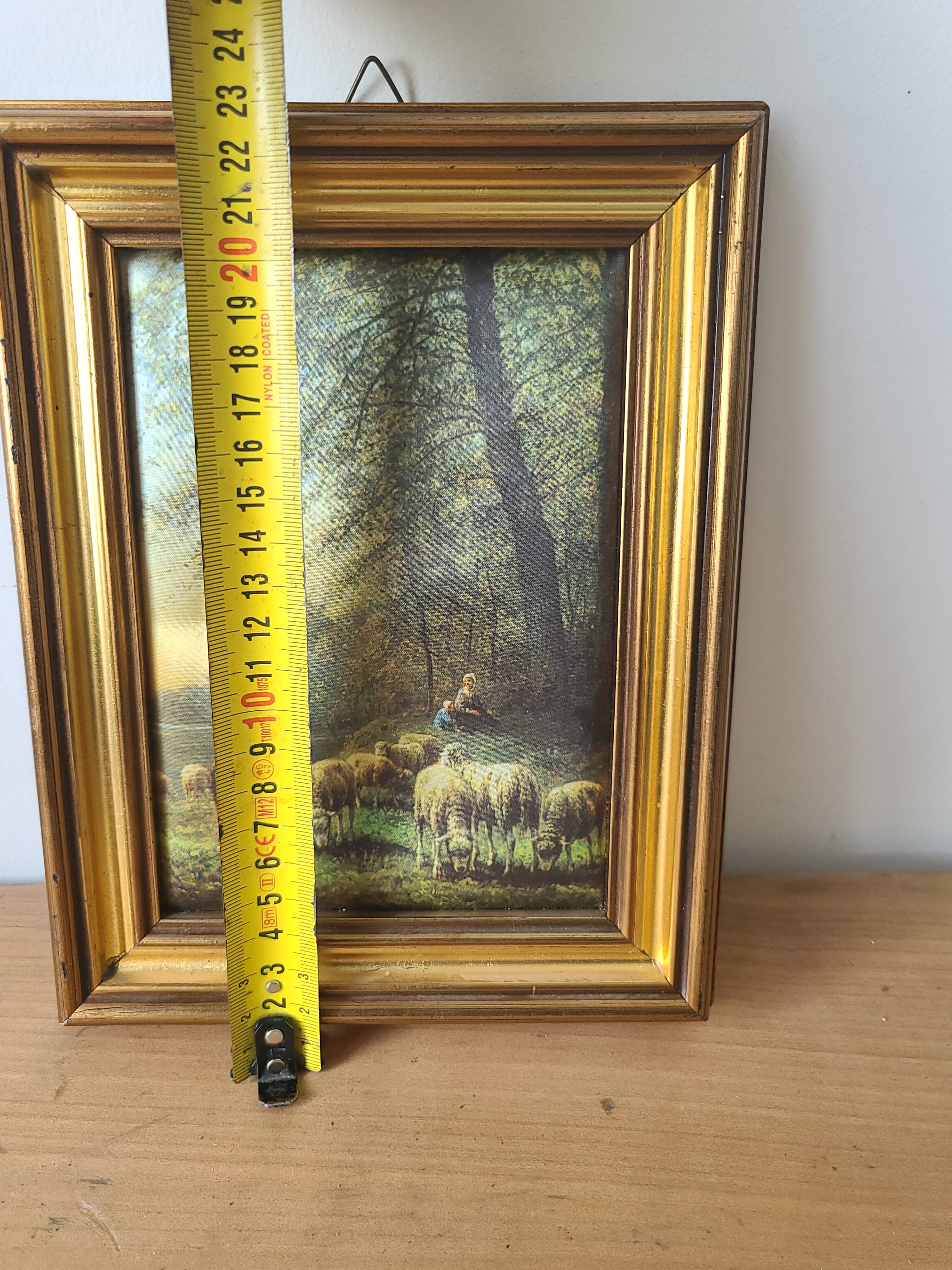 Small Framed Painting of a Pastoral Scene - Sheep & Shepherd