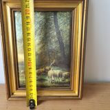Small Framed Painting of a Pastoral Scene - Sheep & Shepherd