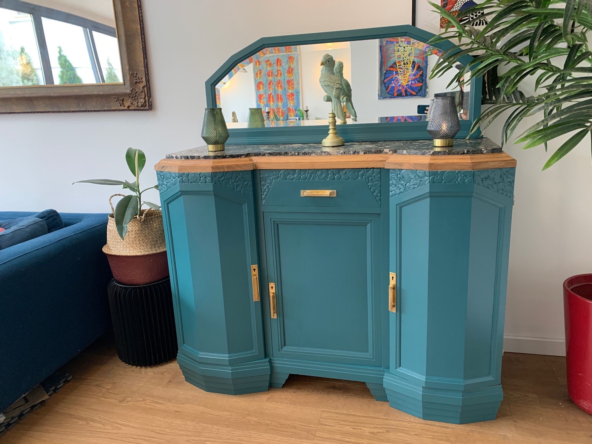 Art deco sideboard restyled blue green duck, marble top, brass handles, vintage shabby chic