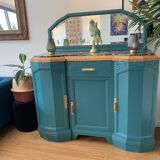 Buffet art deco relooké bleu vert canard, dessus marbre, poignées laiton, vintage shabby chic