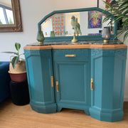 Art deco sideboard restyled blue green duck, marble top, brass handles, vintage shabby chic