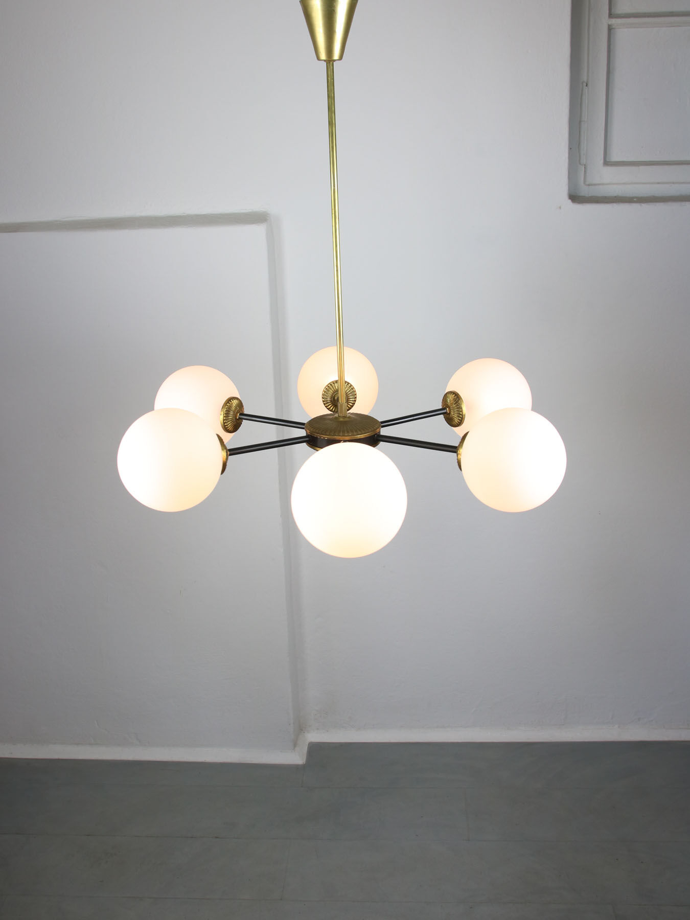 Mid-century sputnik brass and opaline glass chandelier