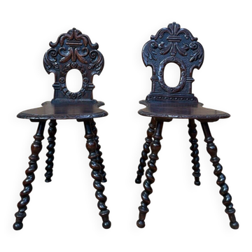 Pair of Alsatian couple chairs – 18th century – German baroque style – Stained solid wood