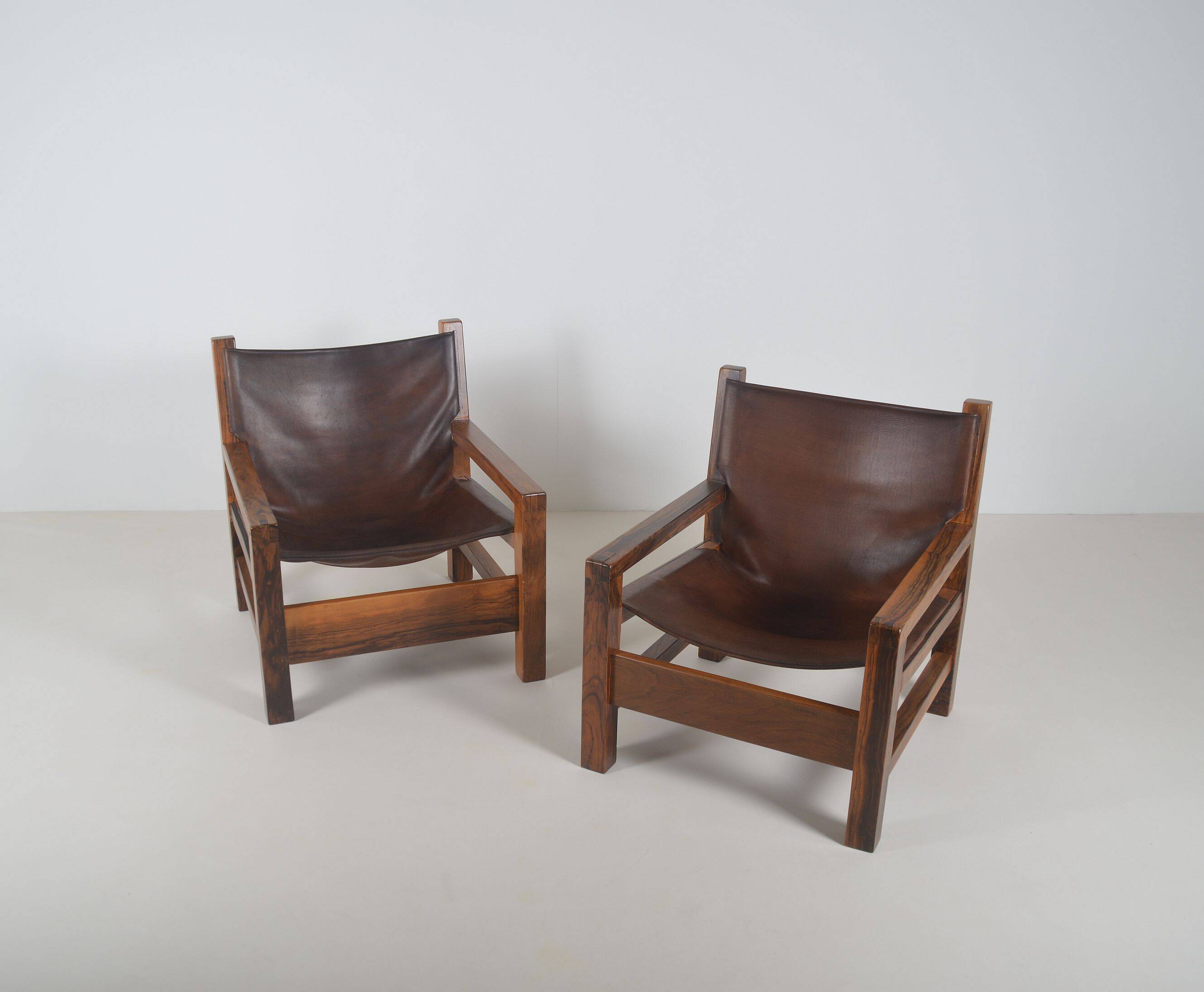 Set of French armchairs in olive wood with saddle leather, 1970s