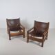Set of French armchairs in olive wood with saddle leather, 1970s