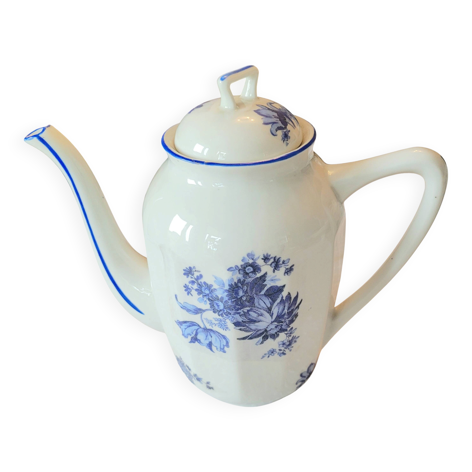 Cafetière motif floral bleu et blanc céramique