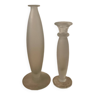 Duo of vintage soliflore vases in frosted glass