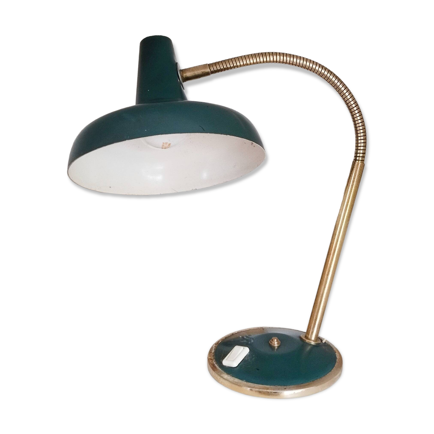 Green and gold articulated desk lamp