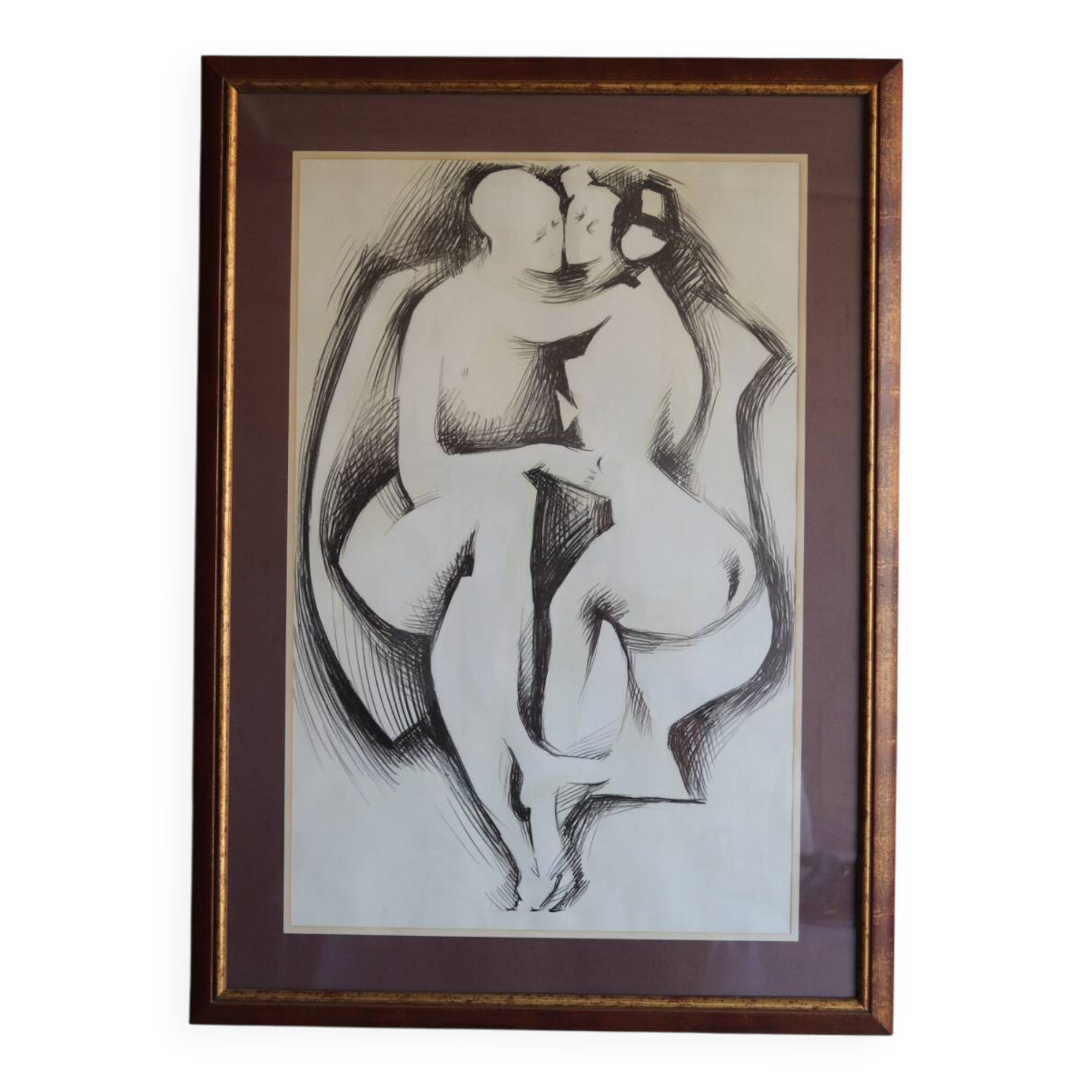 Large framed ink drawing – Embracing couple