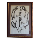 Large framed ink drawing – Embracing couple