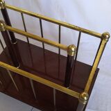 Magazine holder or vintage wood & brass bottles