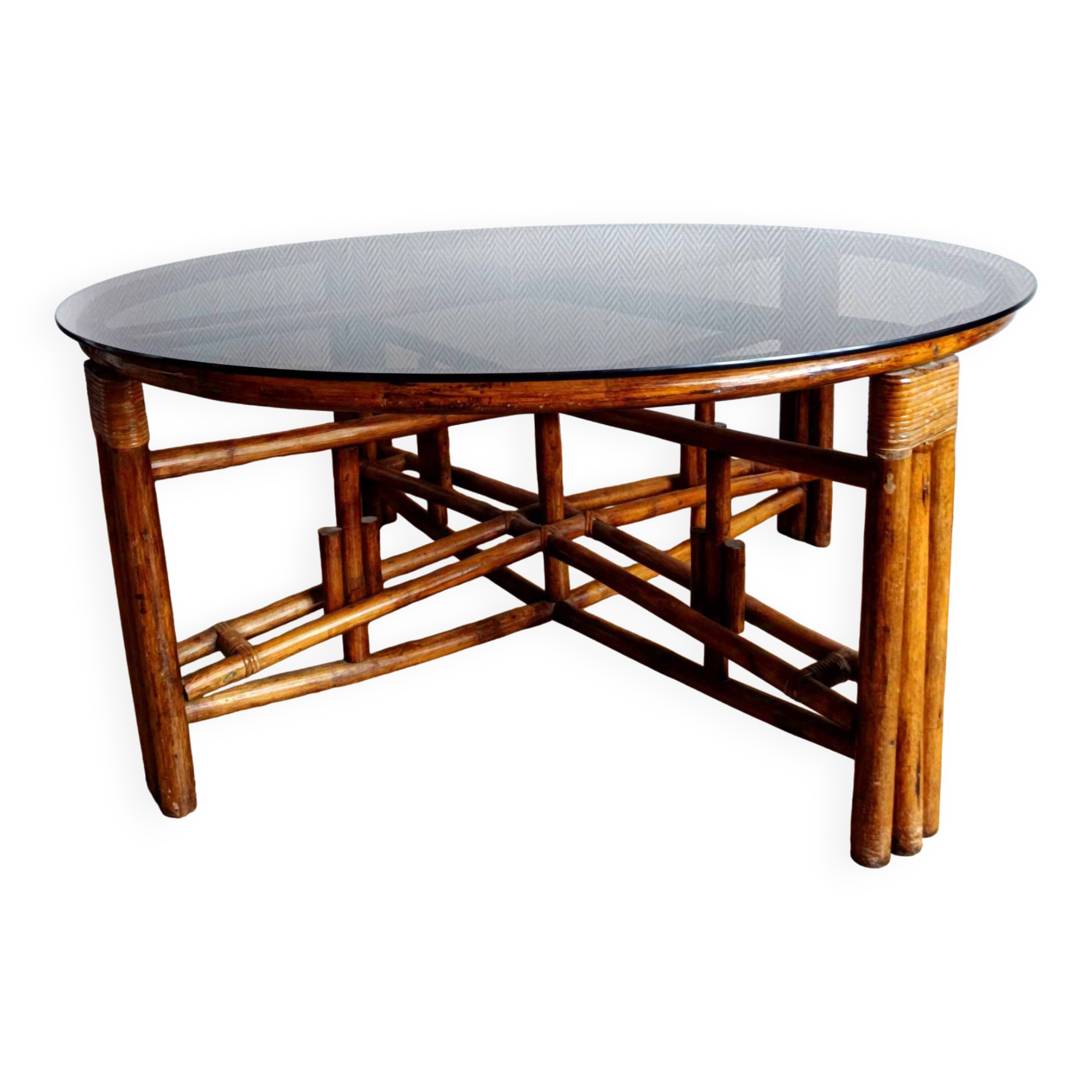 Large telescopic rattan table circa 1970
