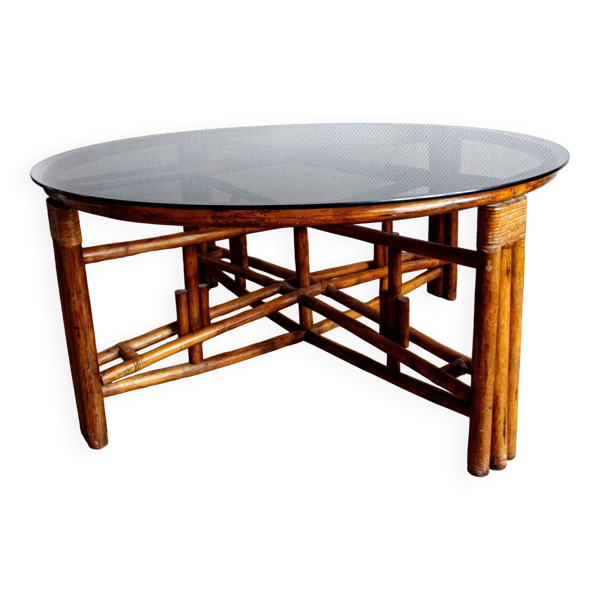 Grande table télescopique en rotin vers 1970