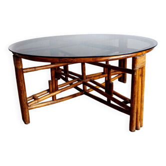 Large telescopic rattan table circa 1970