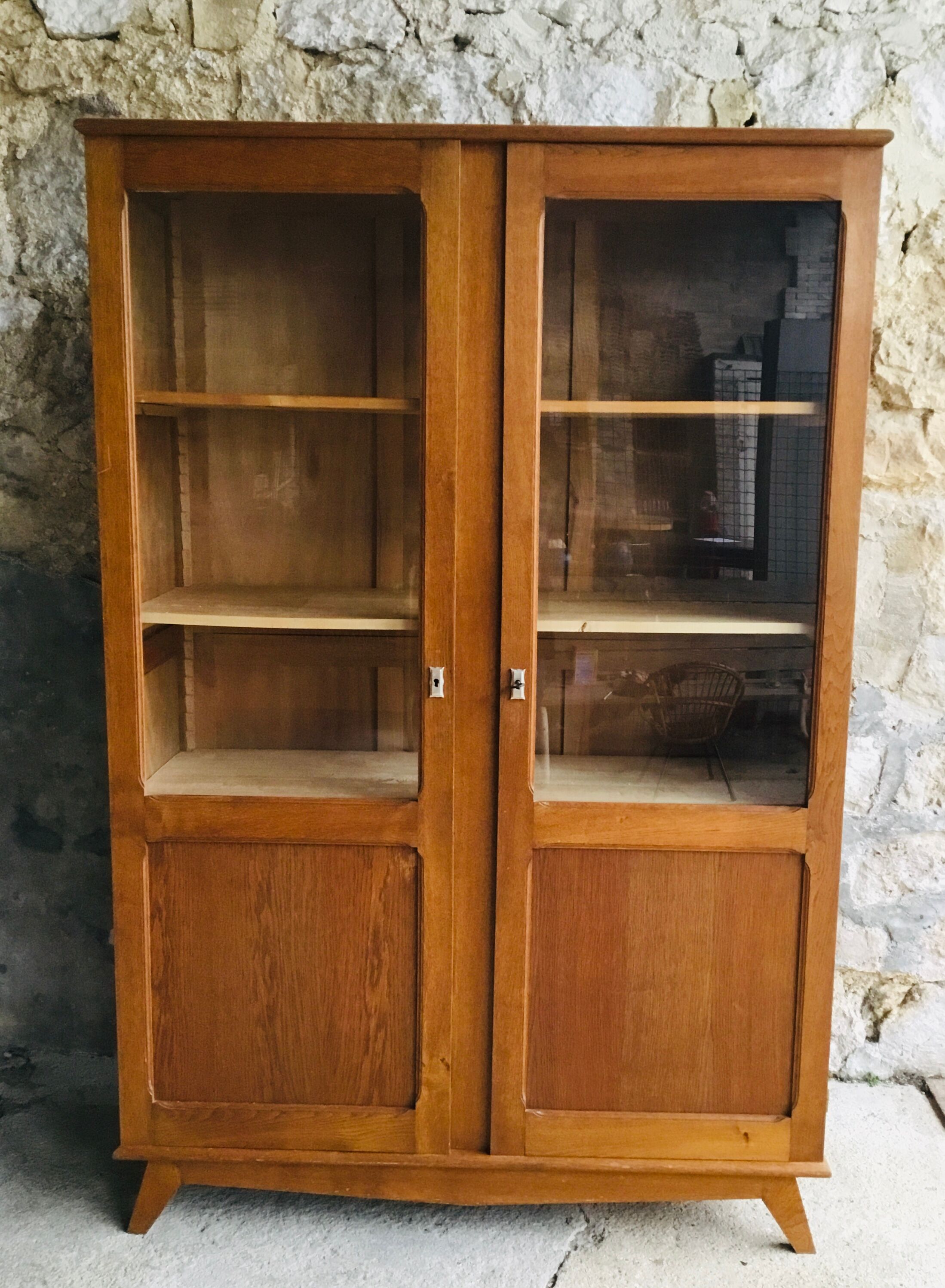 Glass bookcase with compass feet - vintage 1960