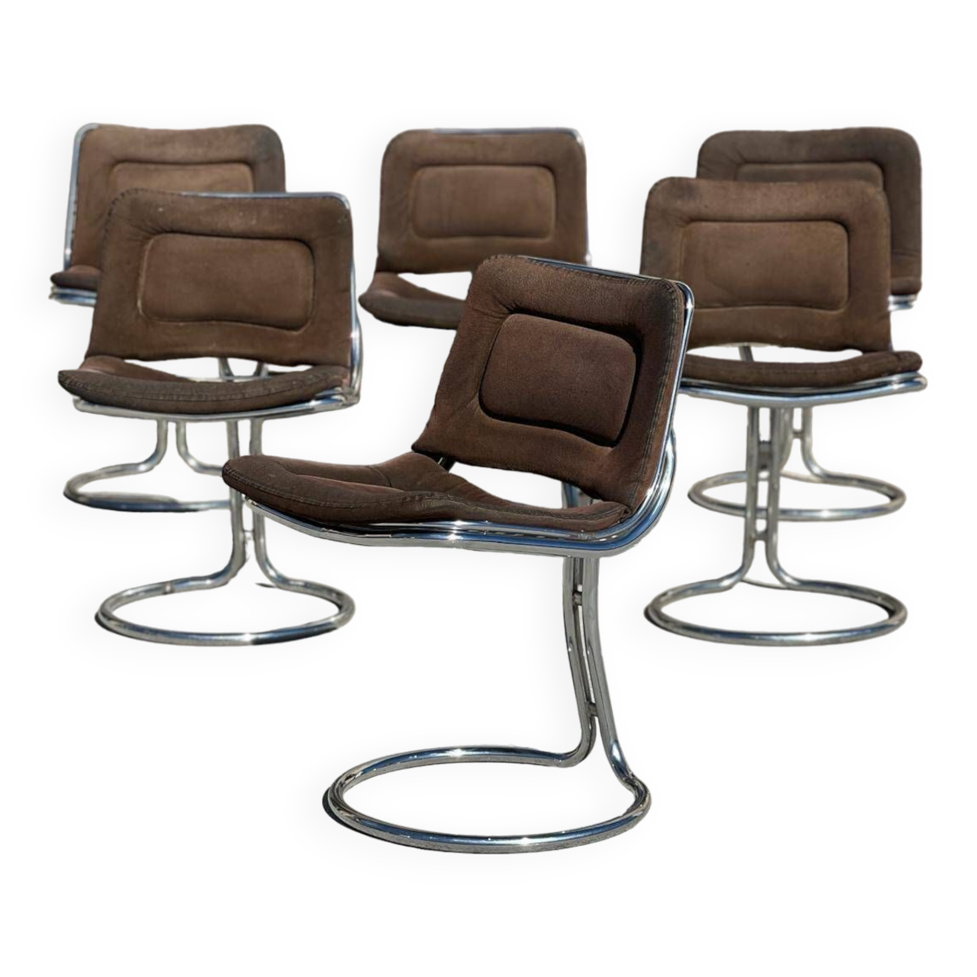 Set of 6 vintage Gastone Rinaldi style chrome steel chairs