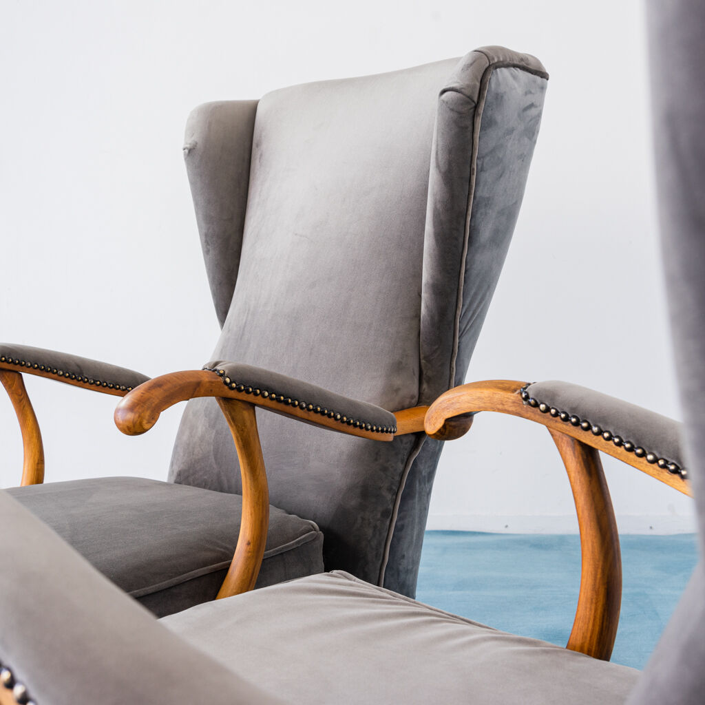 Set 2 armchairs velvet wood walnut design 1950s vintage