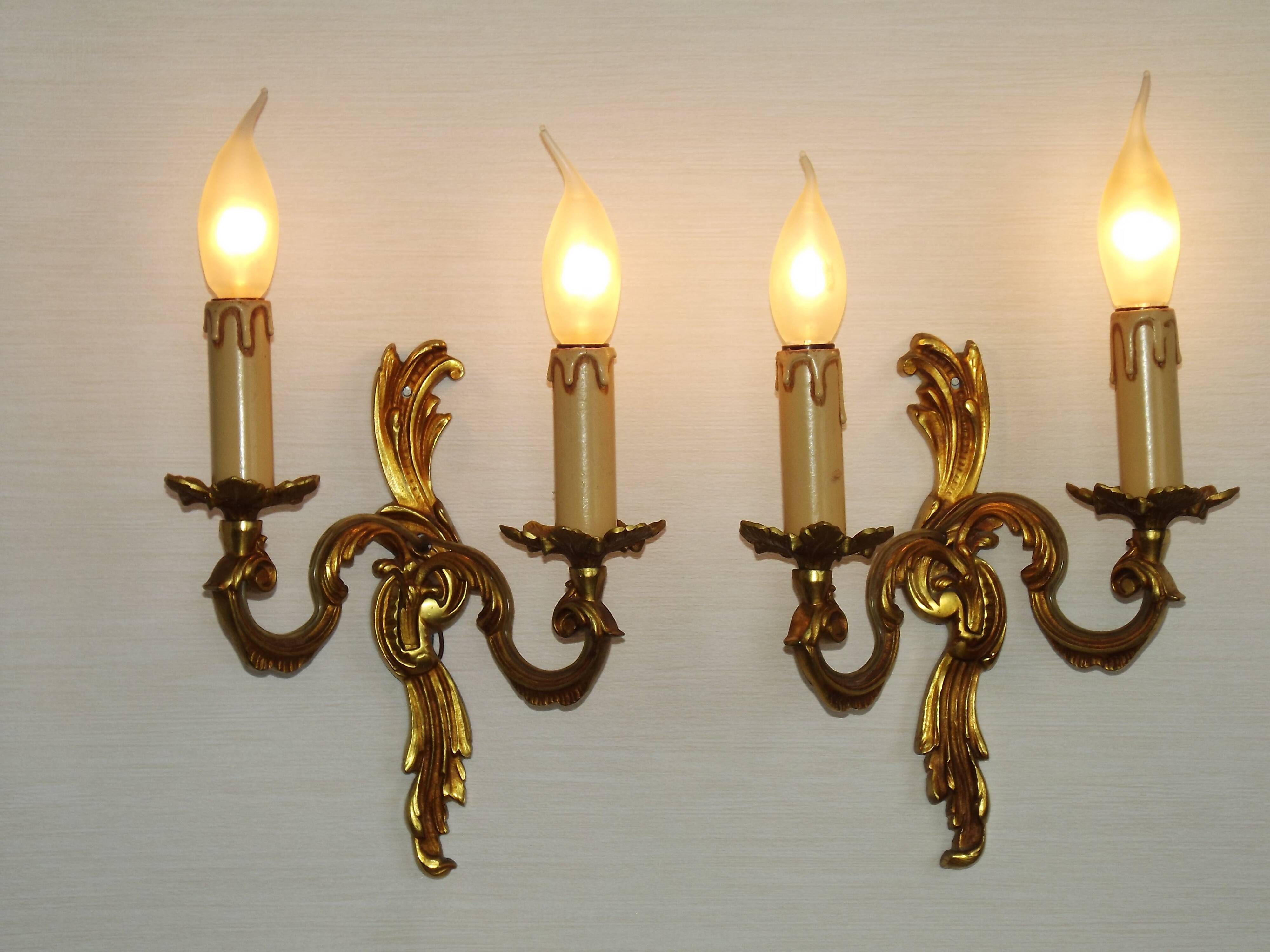 Stylish Vintage French Bronze Double Wall Sconces with Acanthus Leaf Detail