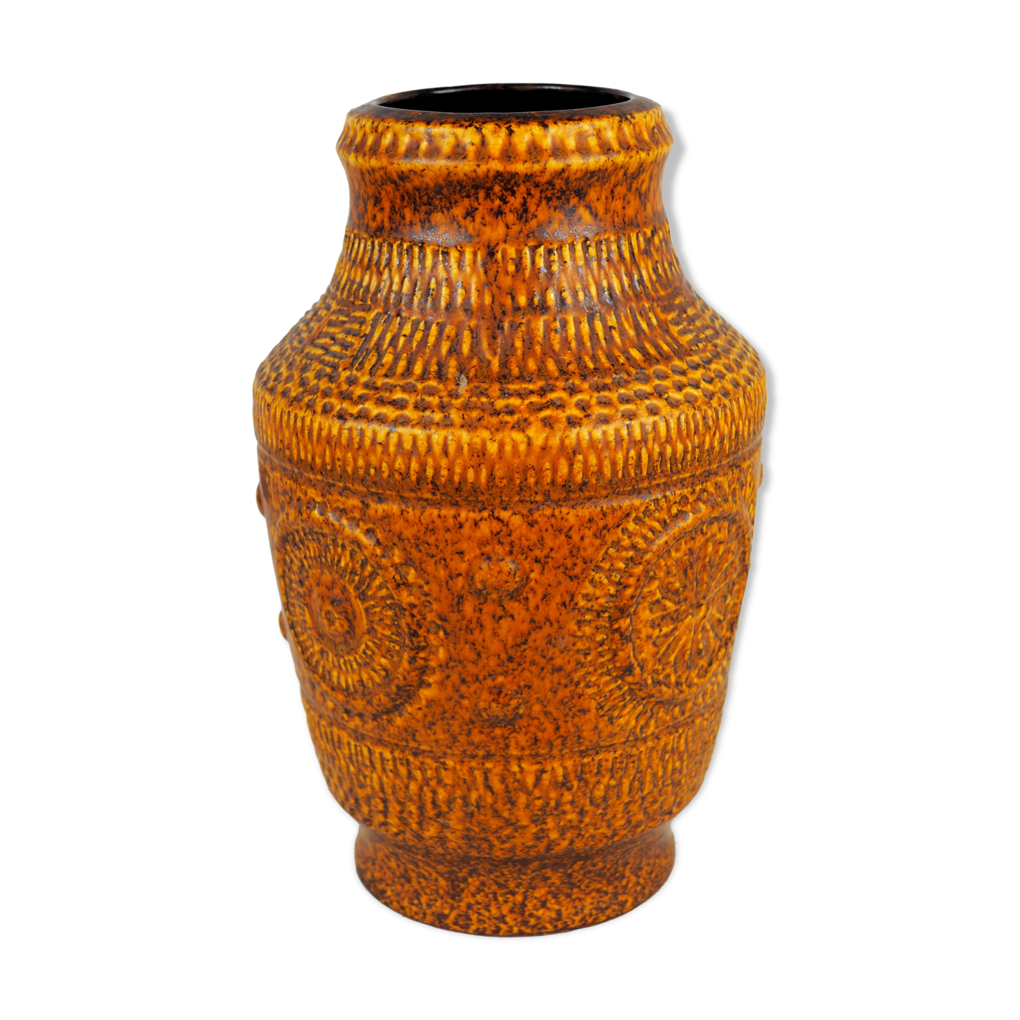 Vase with round reliefs and textured friezes, vibe seventies speckled ochre - Bay Keramik 60s 70s
