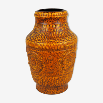 Vase with round reliefs and textured friezes, vibe seventies speckled ochre - Bay Keramik 60s 70s