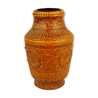 Vase with round reliefs and textured friezes, vibe seventies speckled ochre - Bay Keramik 60s 70s