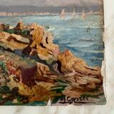 Huile sur carton représentant une côte rocheuse par M. Garrec XXe