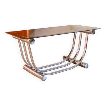 Rectangular glass and chrome coffee table by Yves Boutboul, Graphic legs, Made in Italy, Design, 1970.