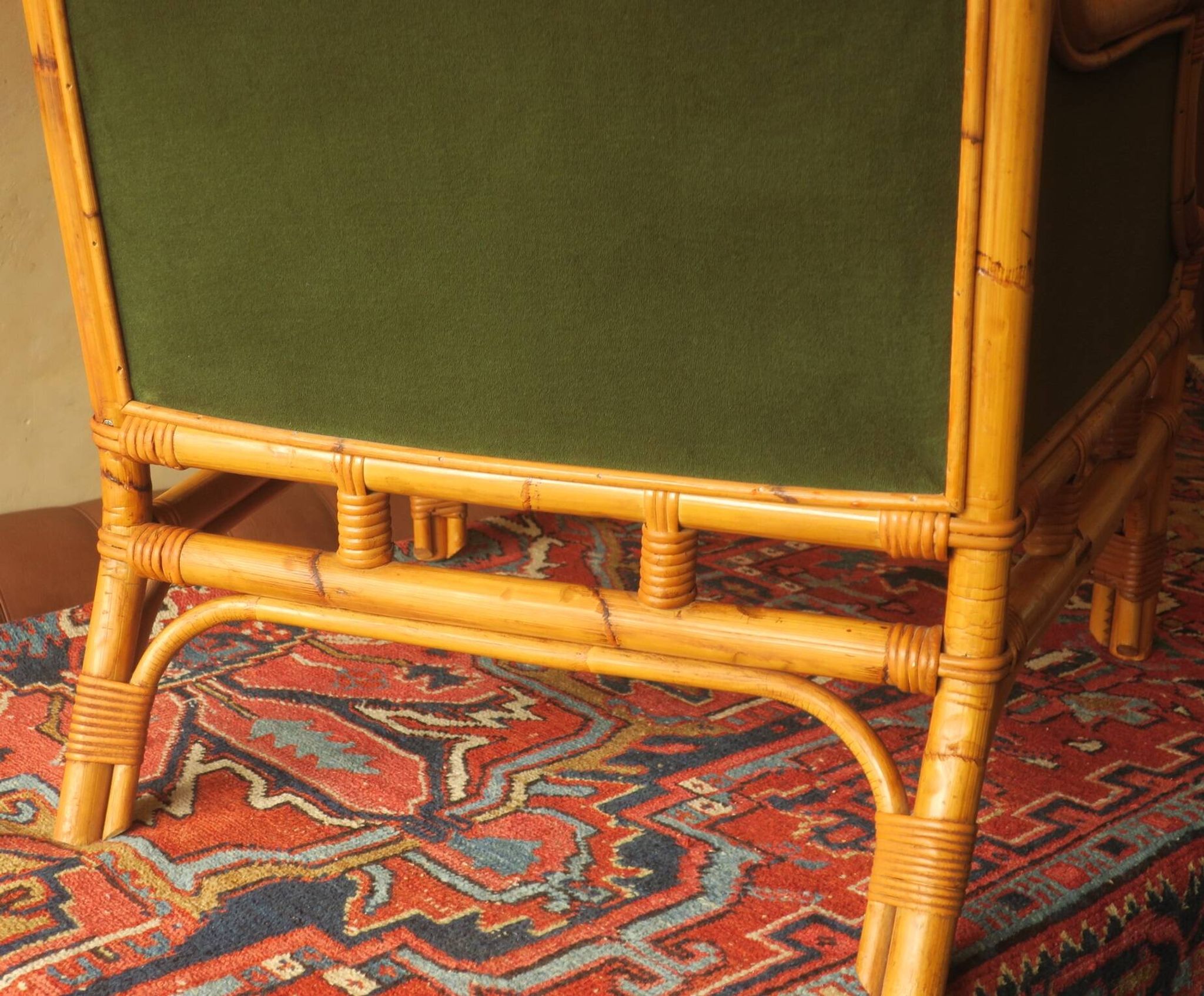 Mid-century wingback chair in bamboo and olive green, 1960s