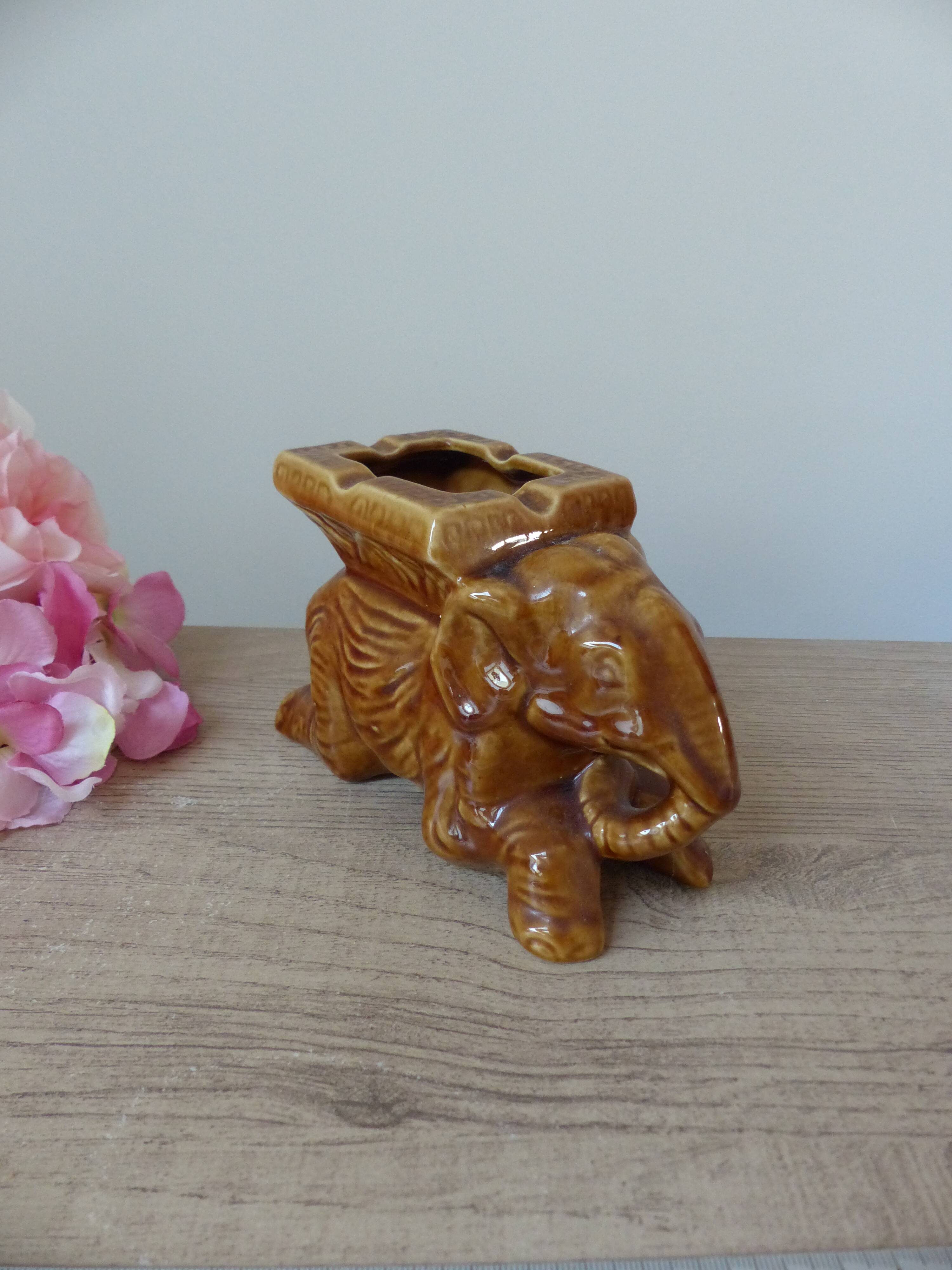 Antique brown ceramic elephant ashtray