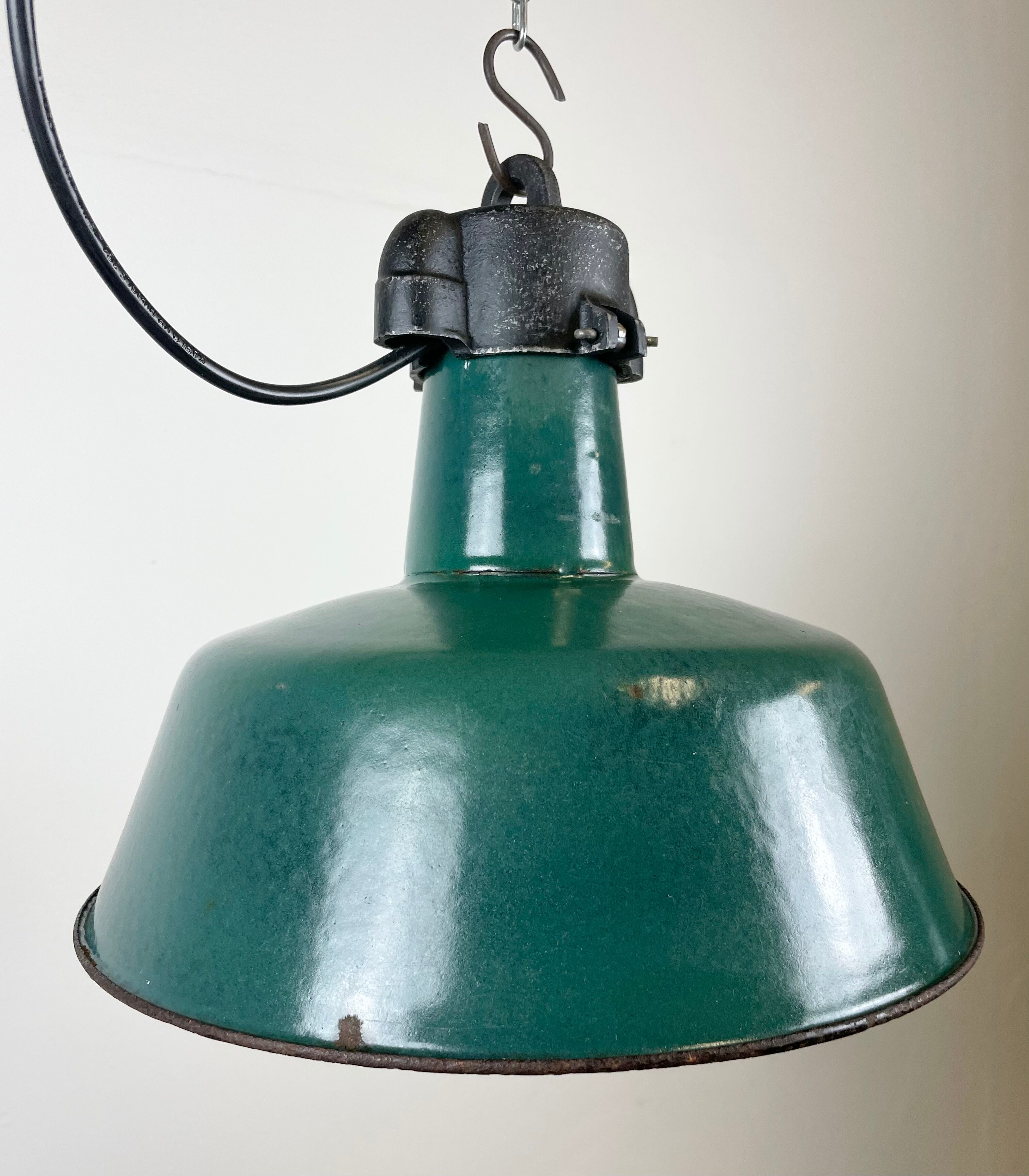 Industrial Green Enamel Factory Lamp with Cast Iron Top, 1960s