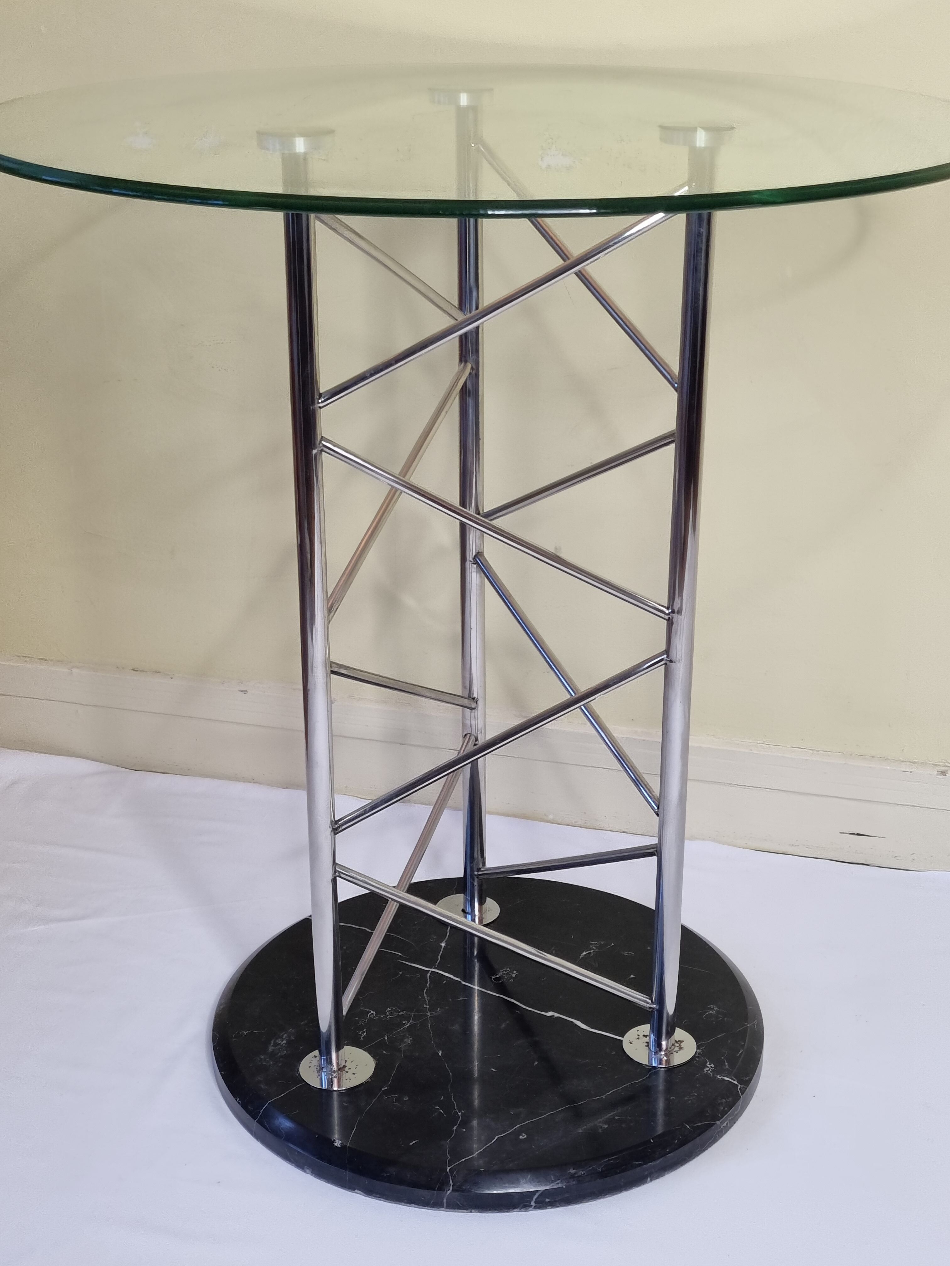 Side table "Eiffel" in glass and chrome steel with a marble base, 80s