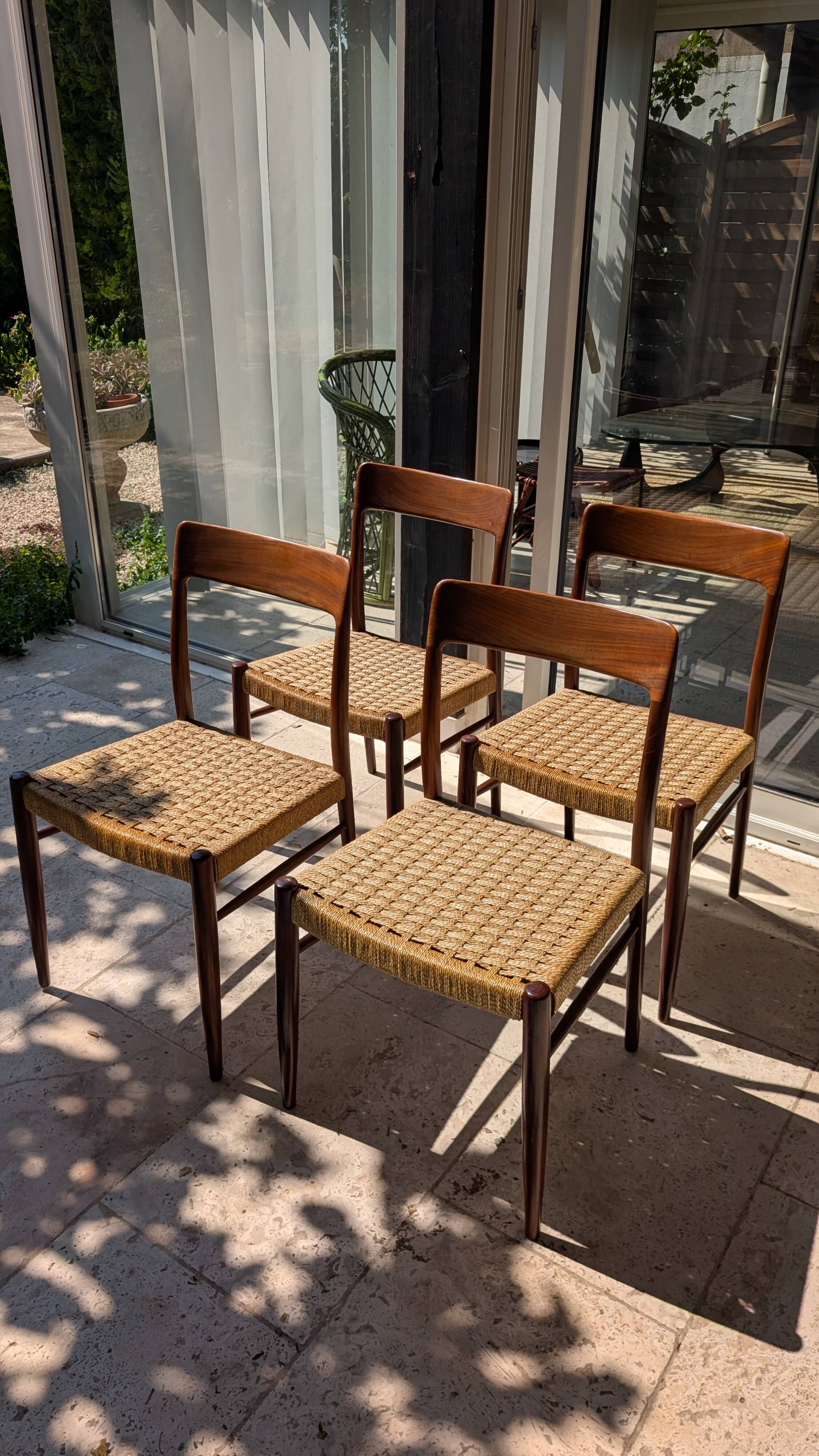 Set of 4 vintage teak chairs with weaving, Scandinavian, Mid-Century.