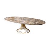 Extendable oval table in ceramic with marble effect and golden central base – Sty