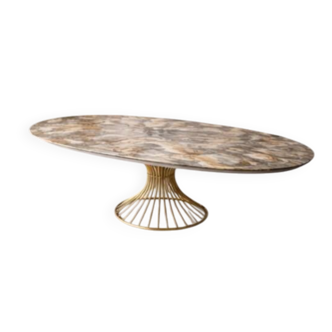 Extendable oval table in ceramic with marble effect and golden central base – Sty