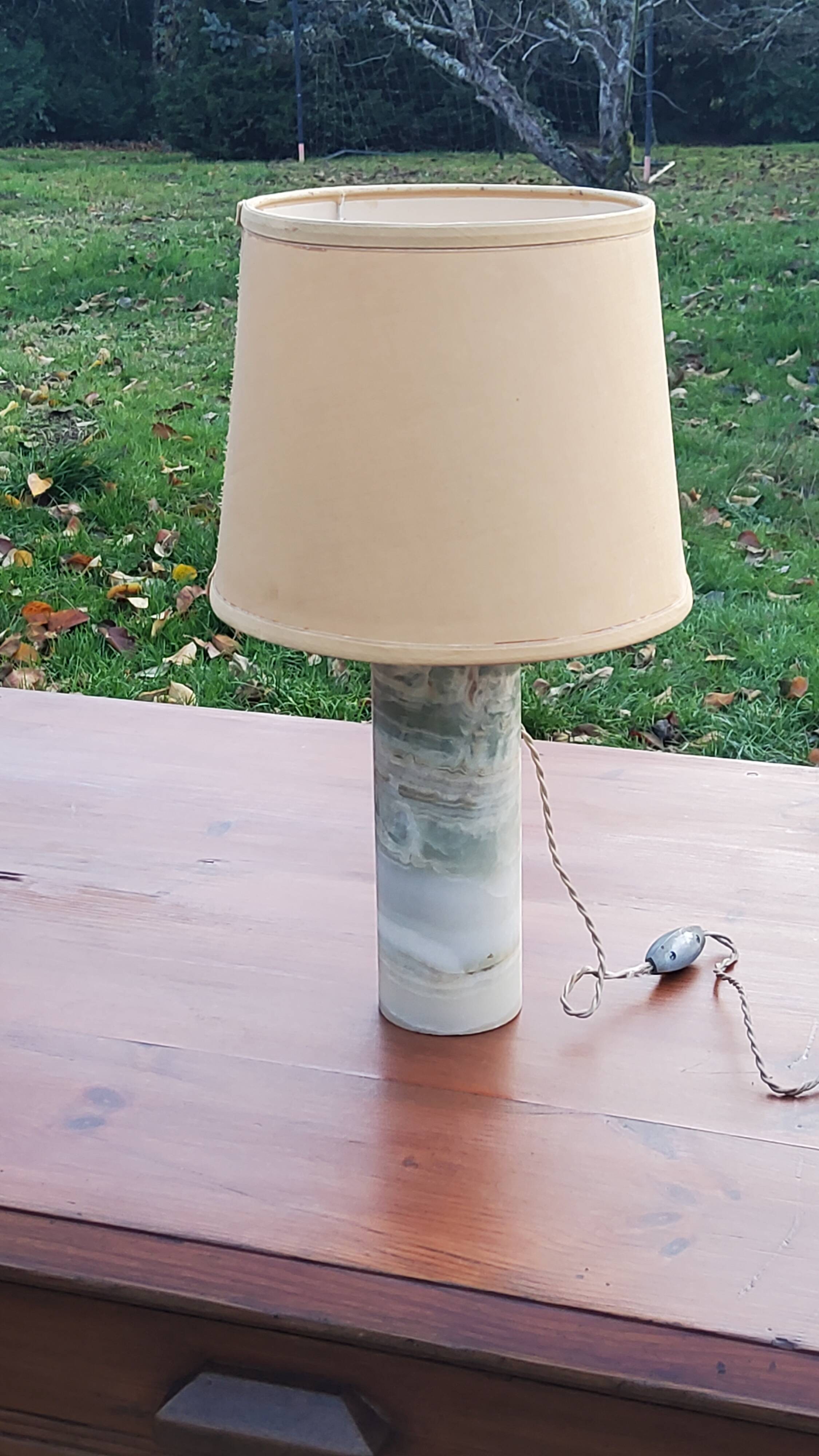 Designer lamp from the 70s in almond green onyx with original fabric shade