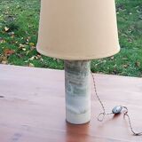 Designer lamp from the 70s in almond green onyx with original fabric shade