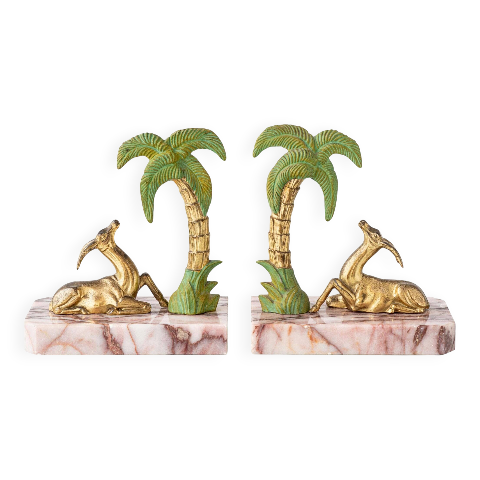 Pair of Art Deco Bookends in Pink Breccia Marble with Antelope and Palm Tree